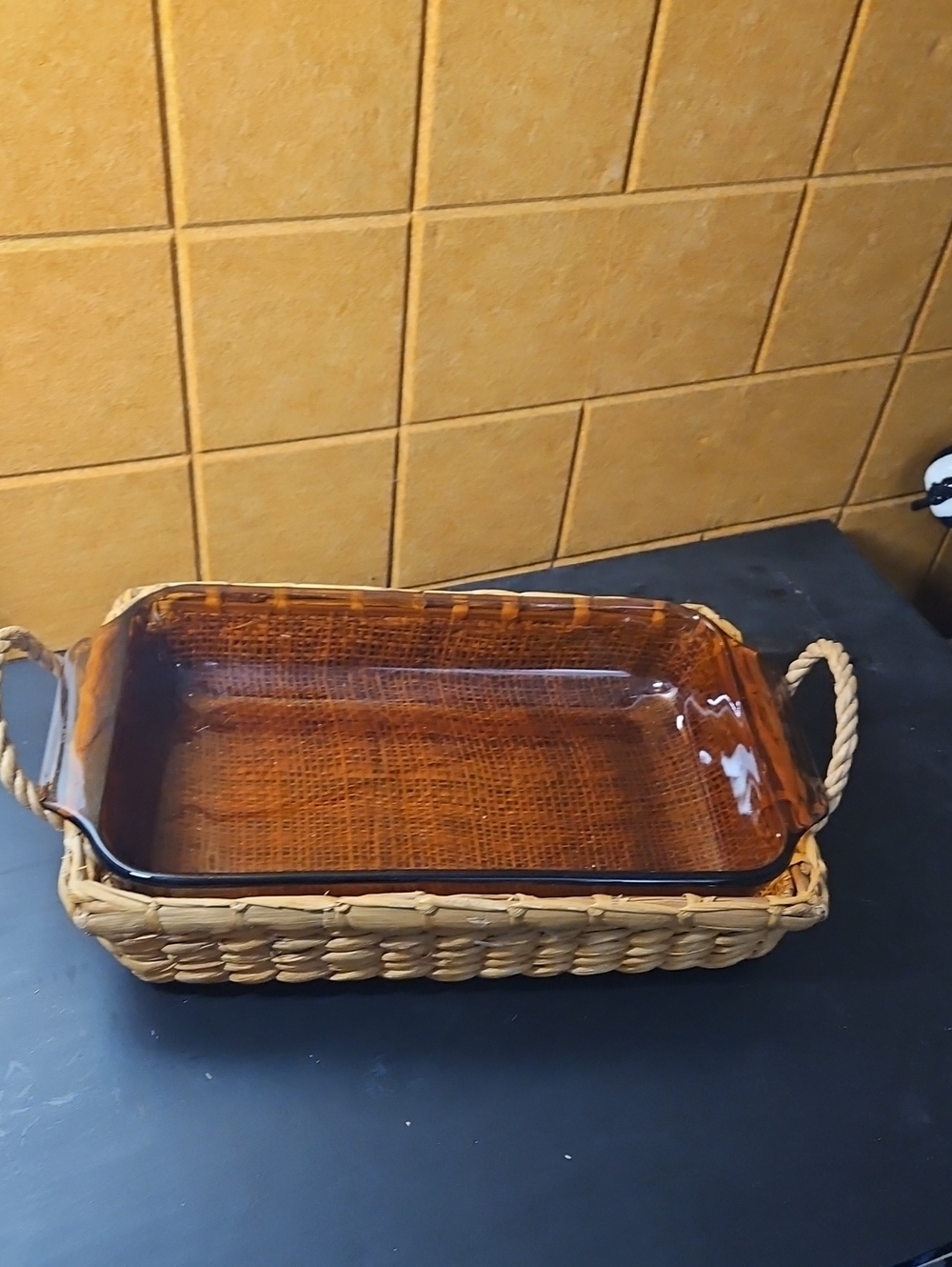 Anchor Hocking Amber Glass Baking Dish with Woven Basket